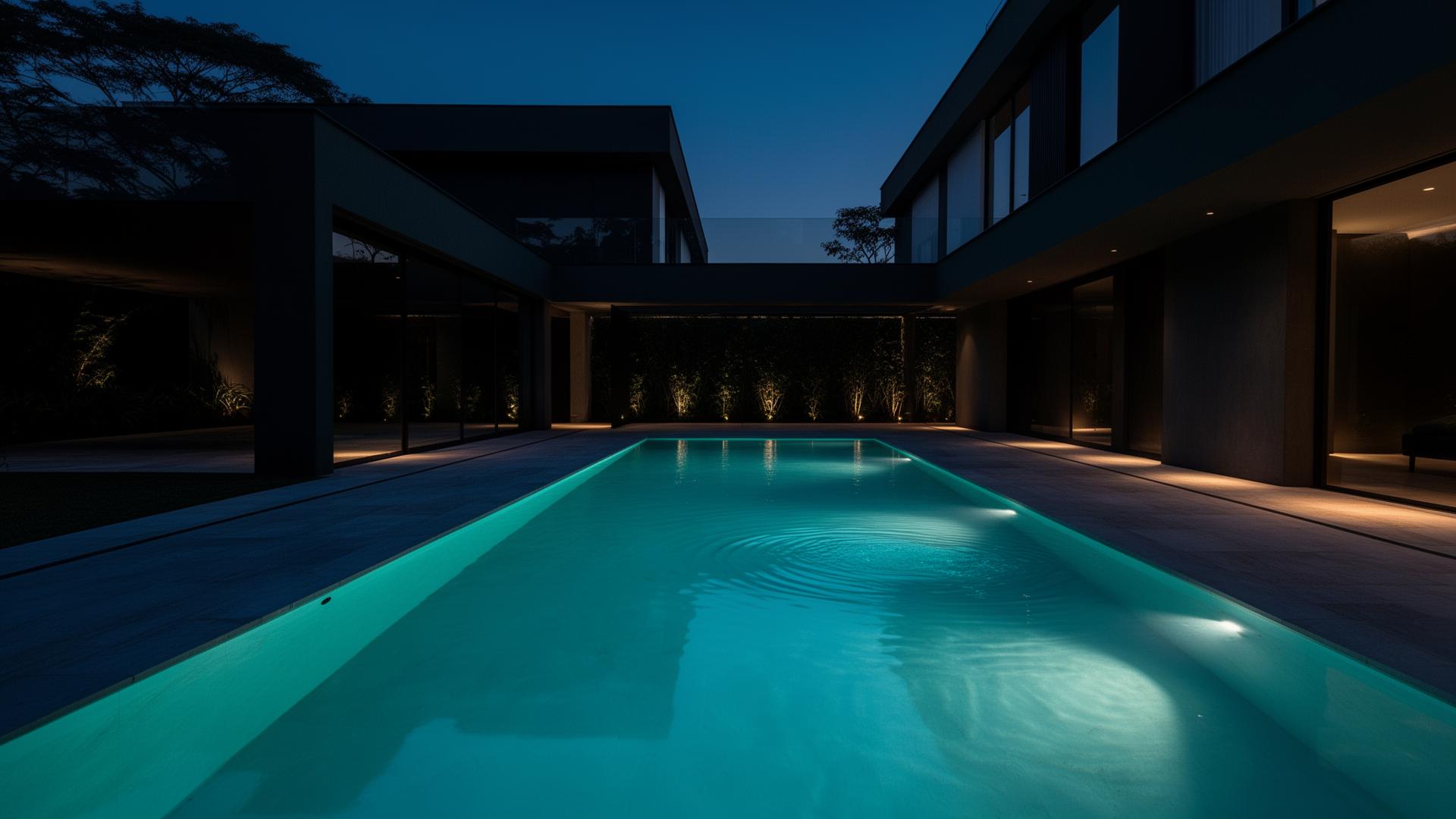 Piscina iluminada em residência de alto padrão
